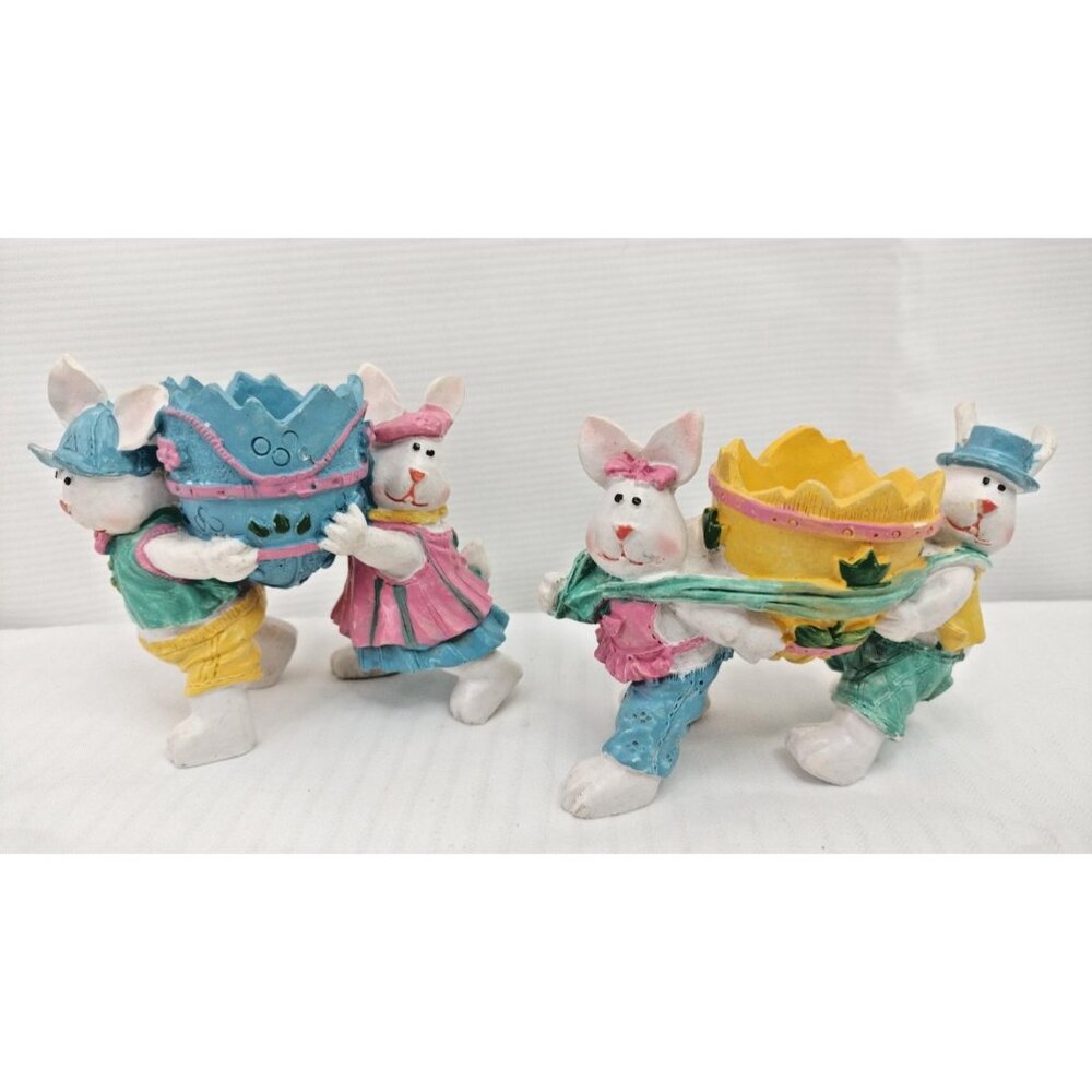 Pair Of Easter Bunnies Figurines K's Two Bunnies carrying Cracked Egg 5"X4"